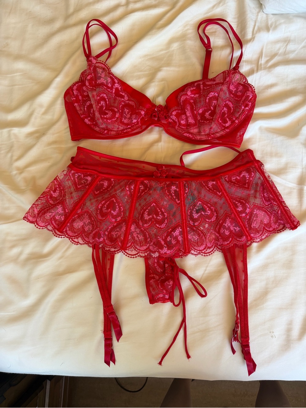 For Love & Lemons Red Lace Bra, Garter Skirt & Thong Set